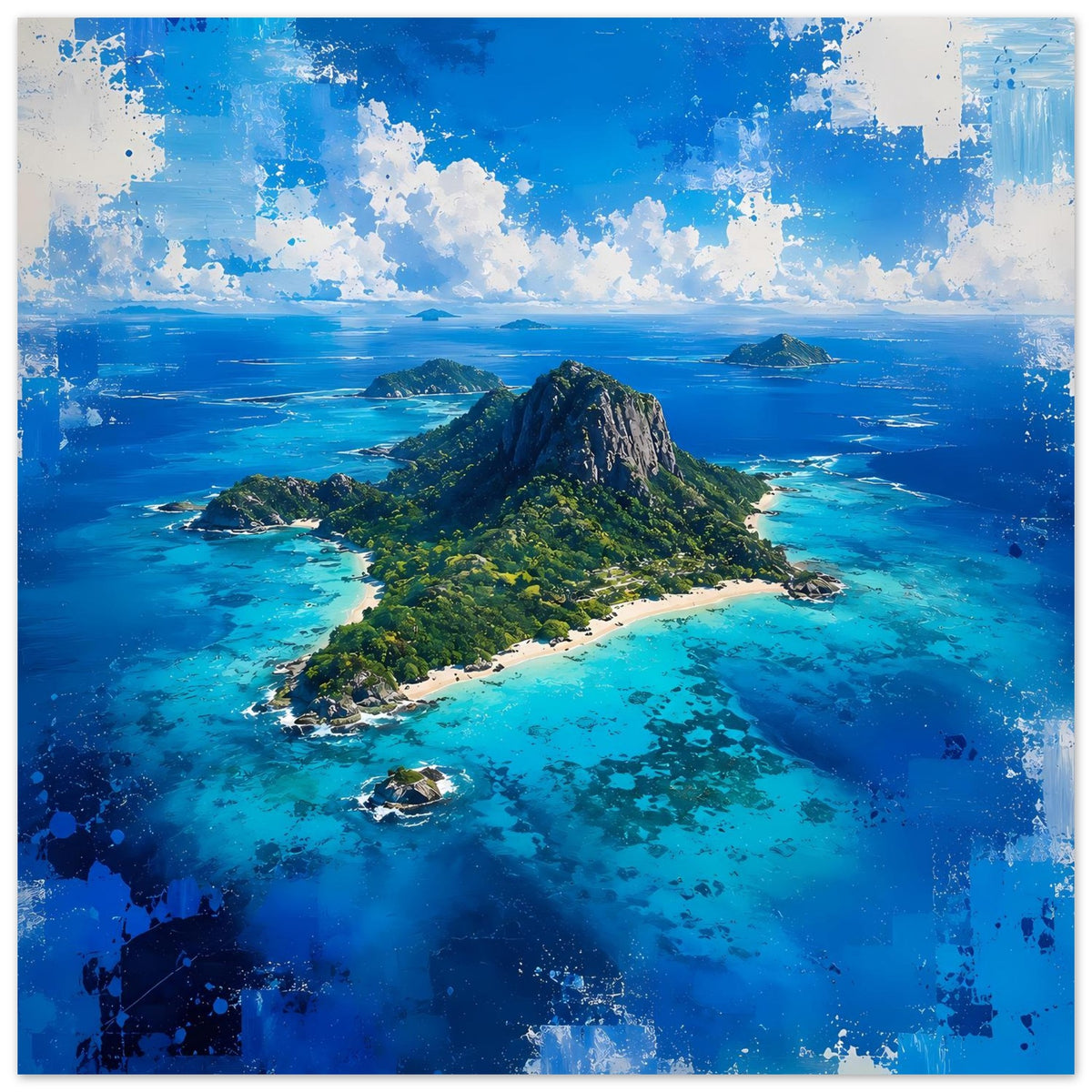 Poster mit tropischer Insel, grünem Felsberg und türkisblauem Wasser mit kleinen Buchten