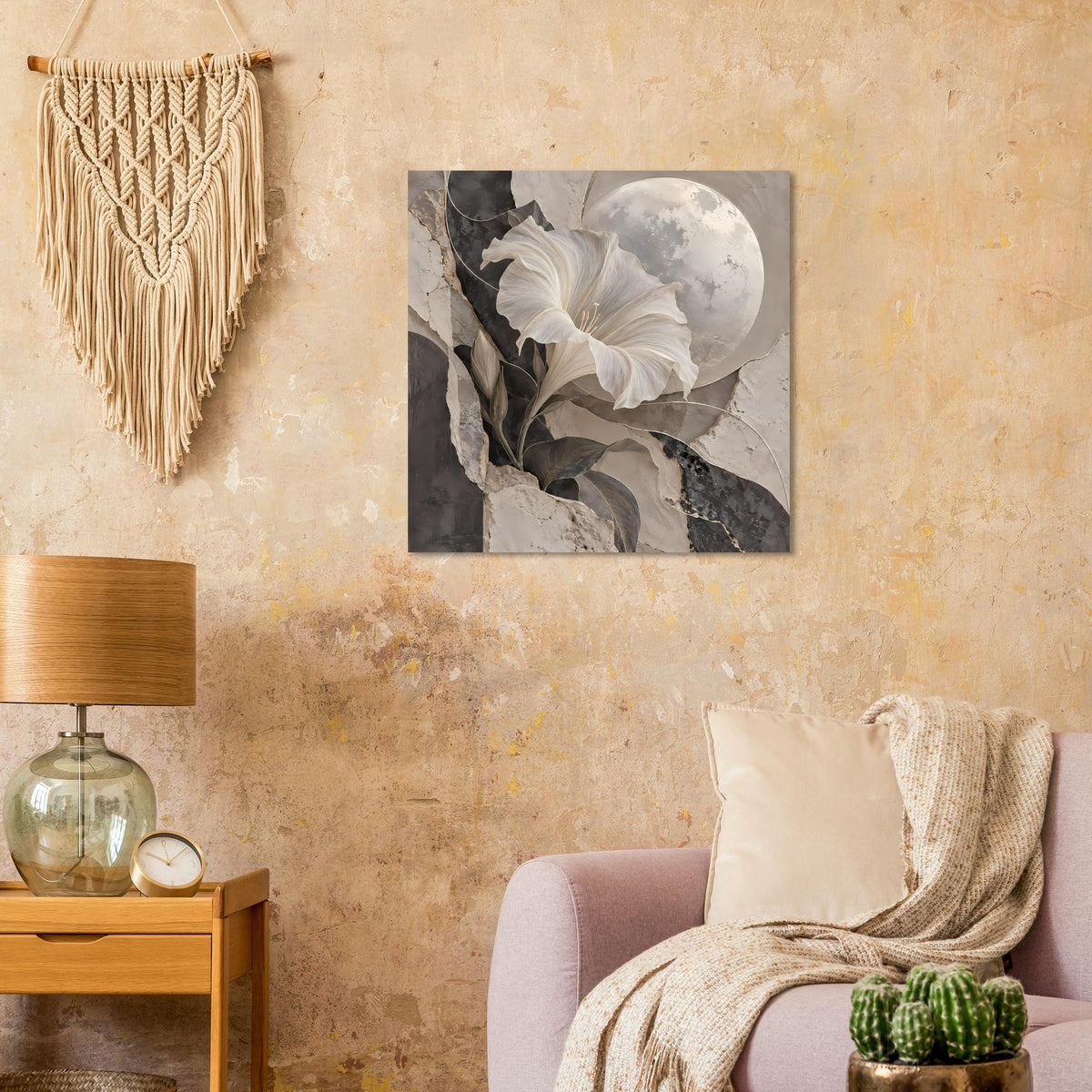 Kunstposter mit weißer Blüte, graubraunen Gesteinstreifen und Mondkreis