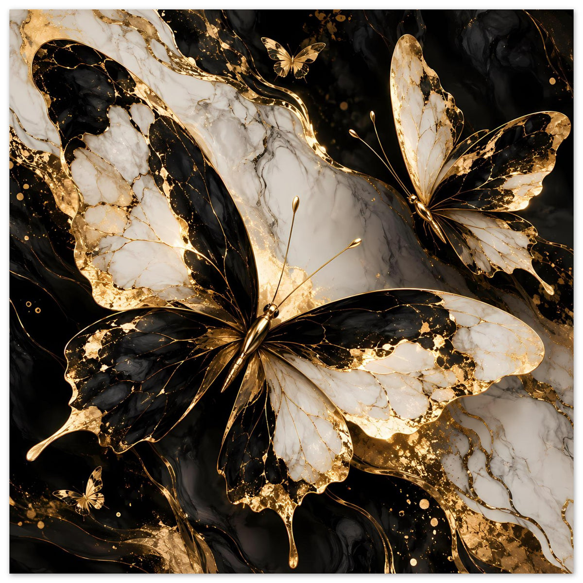 Naturposter mit großem Schmetterling, Schwarz-Gold-Farben und marmorierten Strukturen