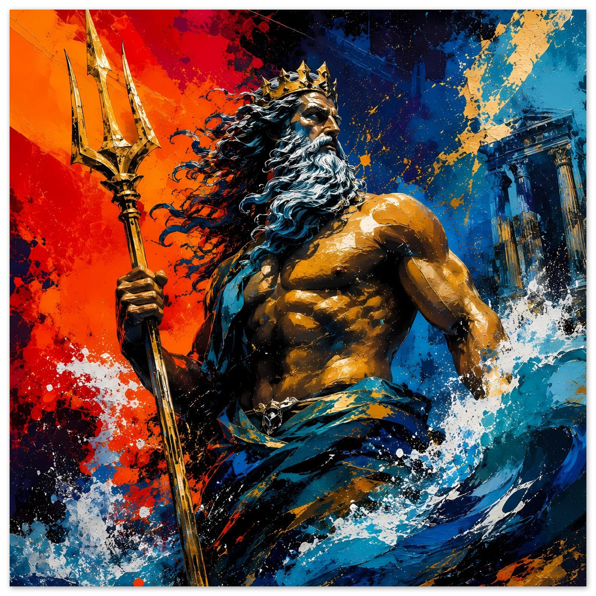 Neptun-Poster mit Dreizack und wallendem Bart, blau-rote Farbspritzer und Wasserwellen