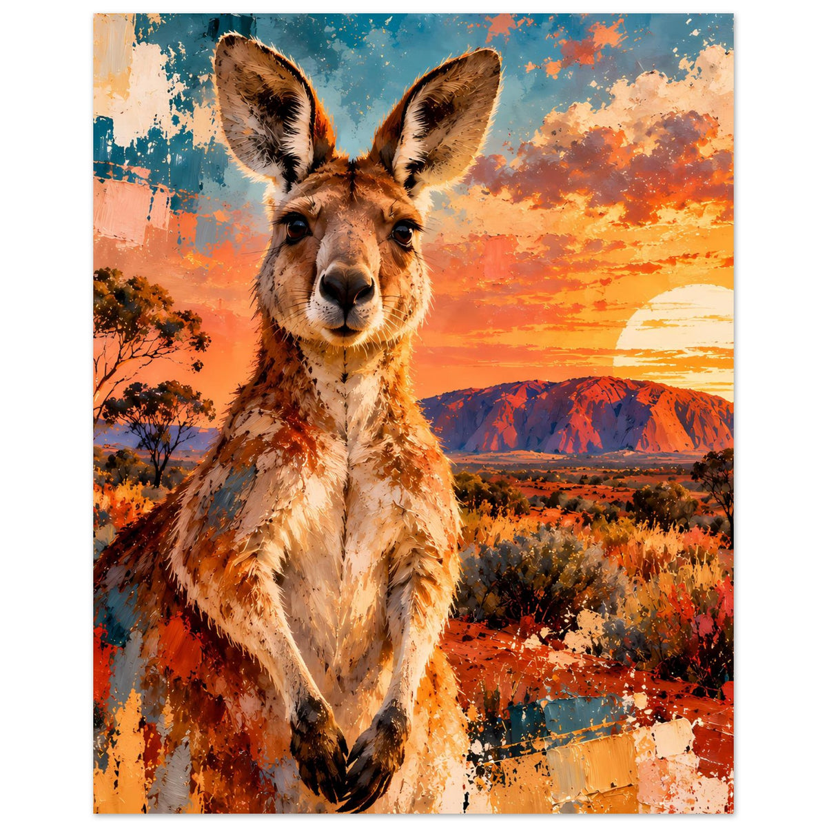 Känguru-Sonnenuntergangsposter auf mattem Papier, zentriertes Motiv mit intensivem Farbverlauf