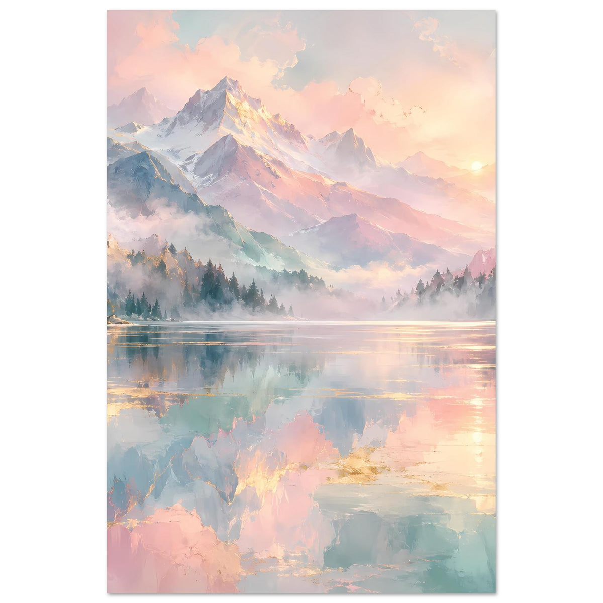Vertikales Poster mit Pastell-Berglandschaft, Sonnenaufgangslicht und Spiegelung im See.