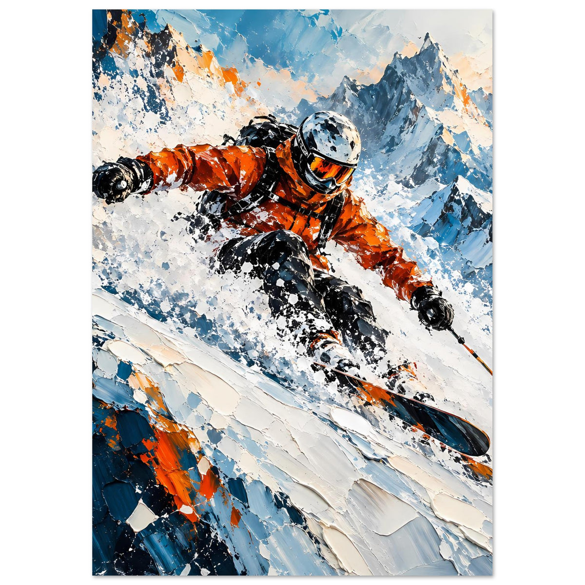 Wintersport-Poster: orange Skifahrer mit Helm, Skier im Schnee, blaue Bergkulisse