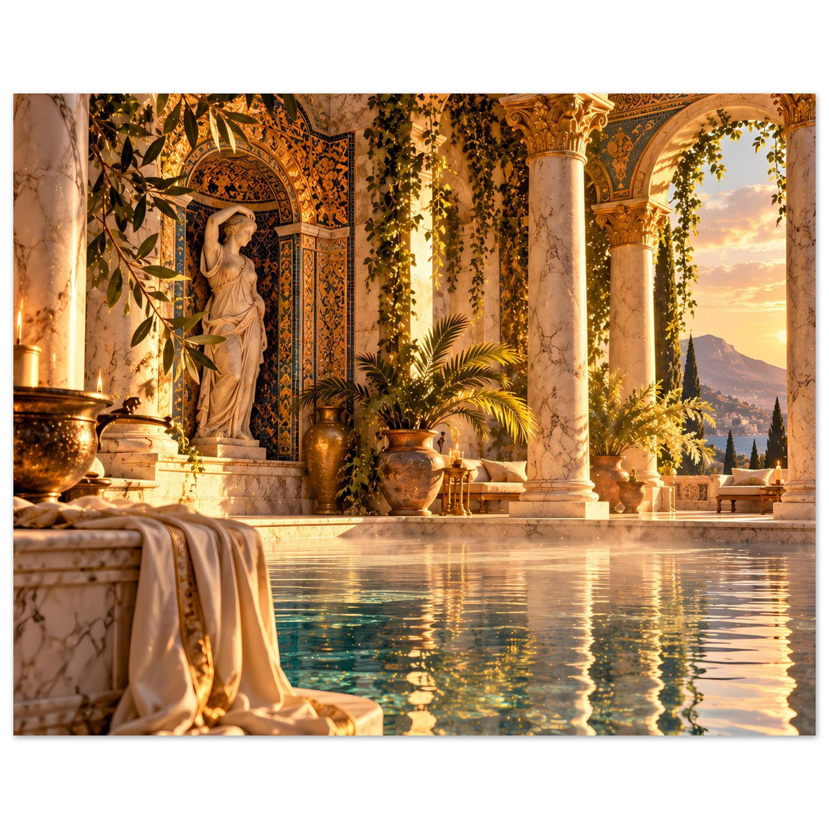 Mediterranes Pool-Poster mit Säulenreihe, Figurstatue und spiegelndem Wasser im Rahmen