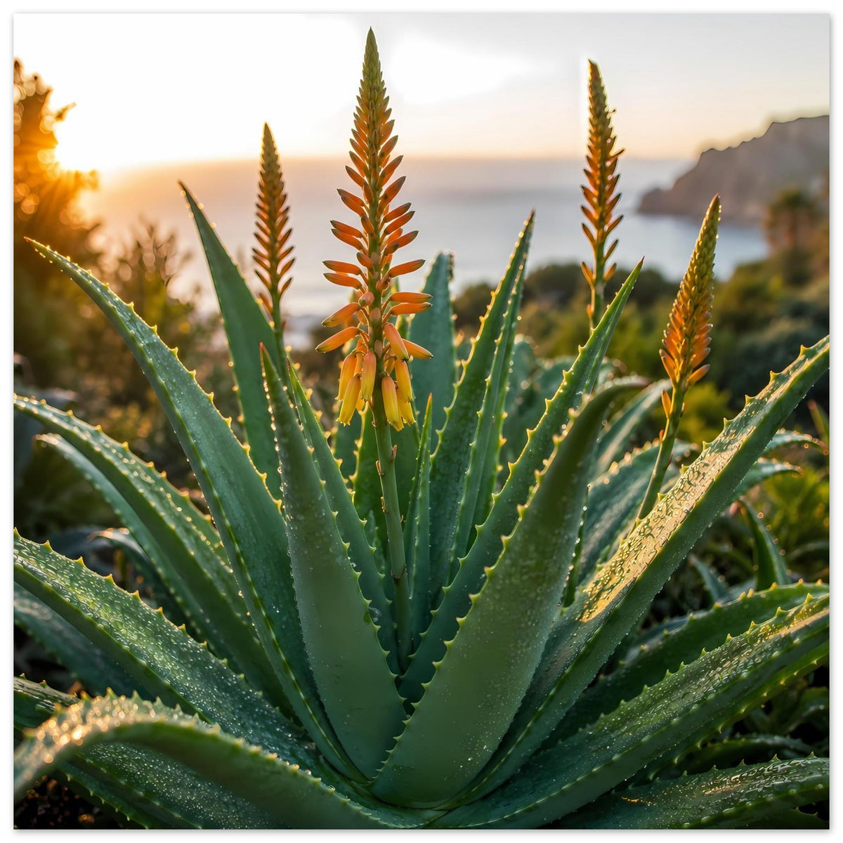 Poster mit Aloe-Blüte und langen Blütenstängeln über breiten grünen Blättern