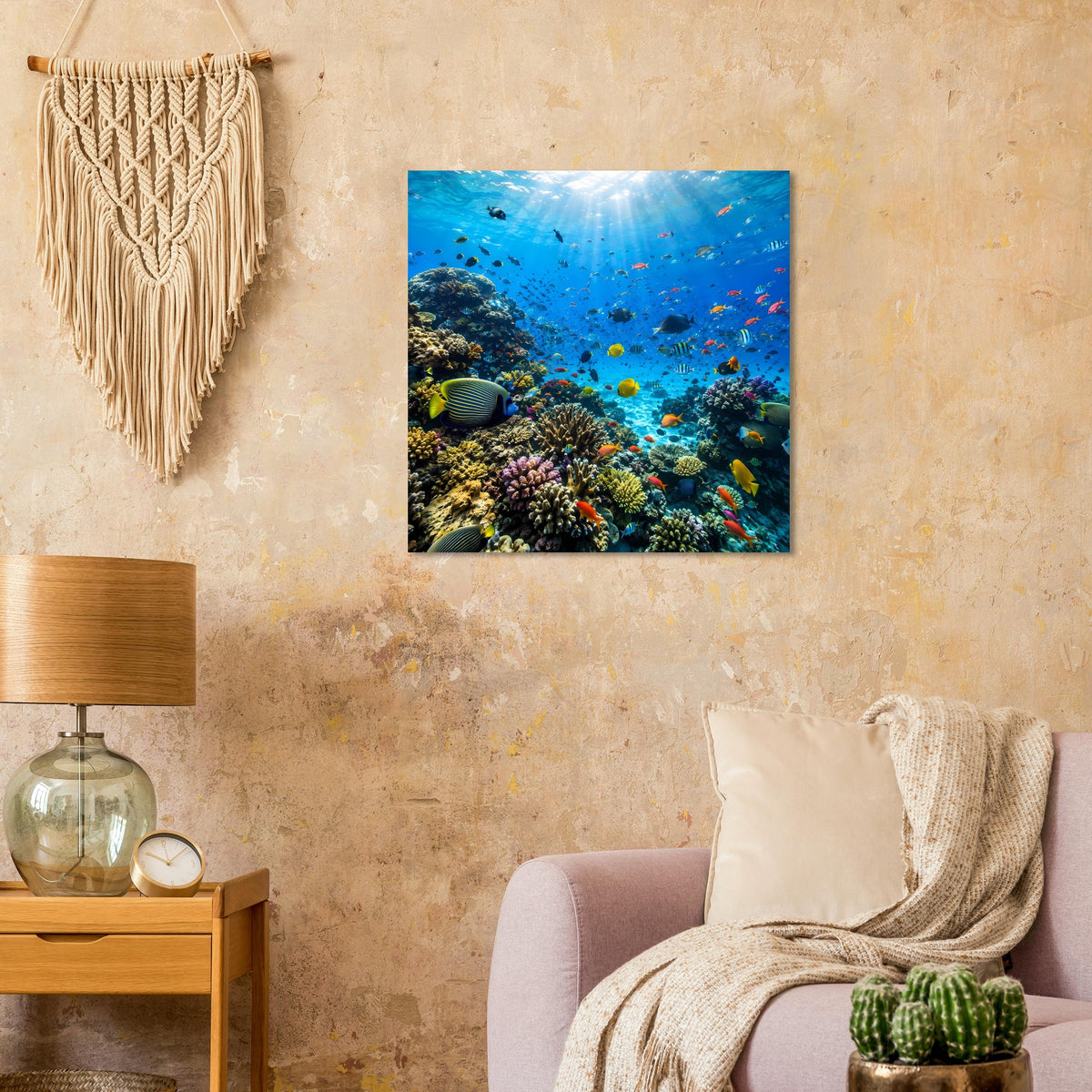 Quadratisches Poster mit Unterwasser-Korallen und bunten Fischen, schwarz gerahmt