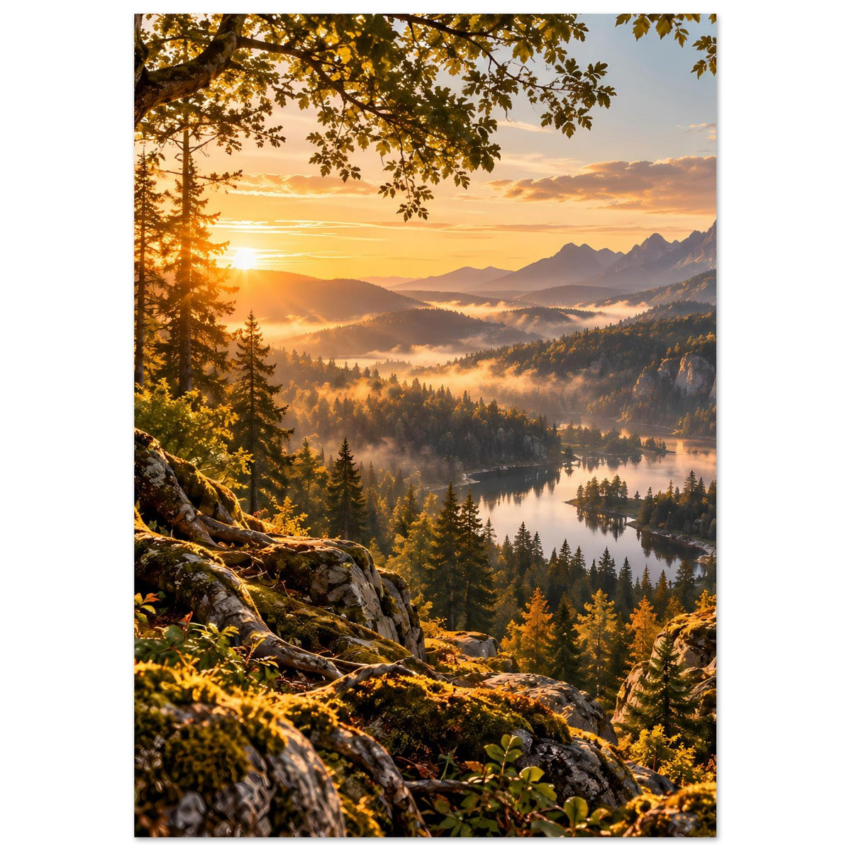 Vertikales Landschaftsposter mit Sonnenaufgang über Bergkette, Tal, Wald und See