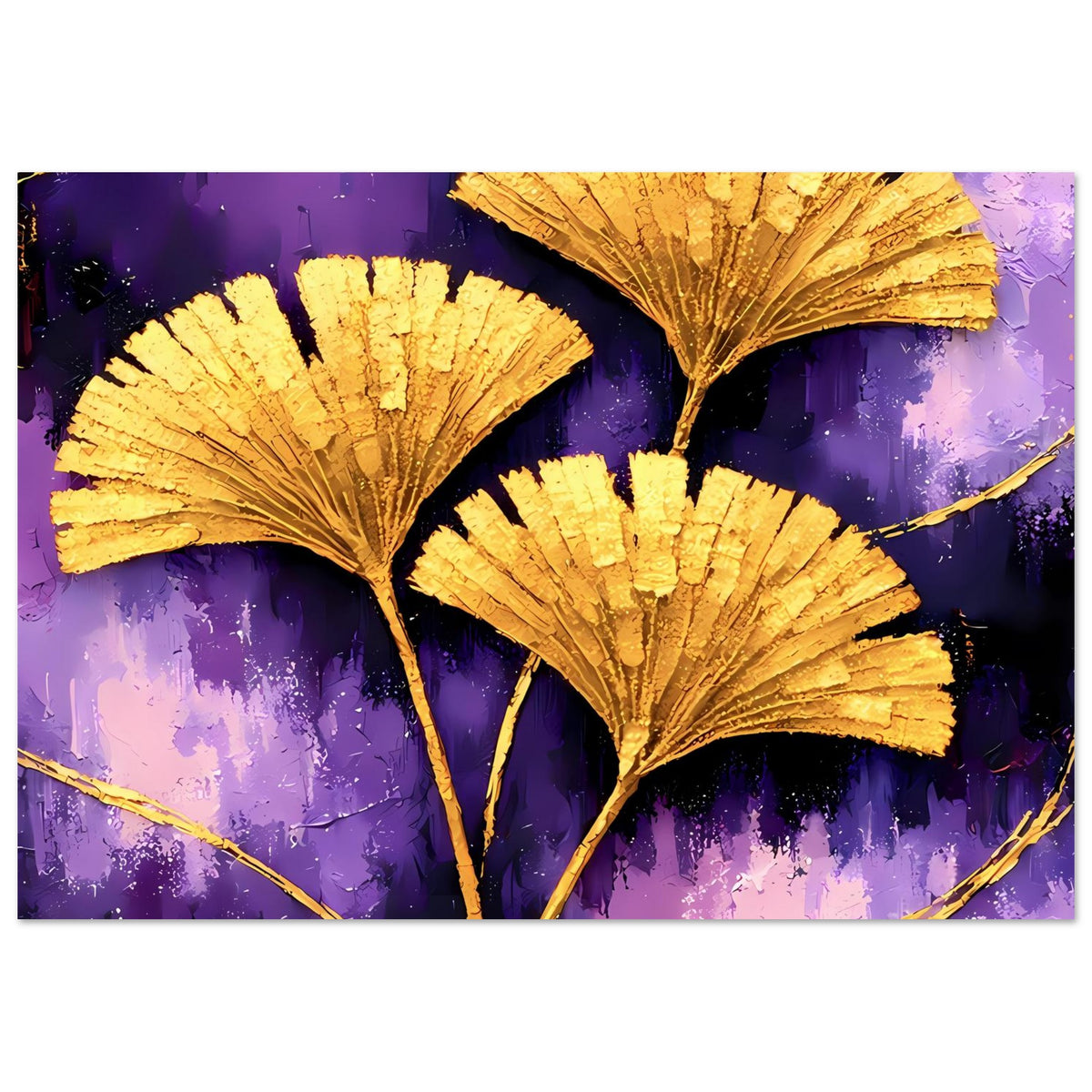 Breites Poster mit goldenen Ginkgo-Blättern und Zweigen auf violettem, abstraktem Hintergrund