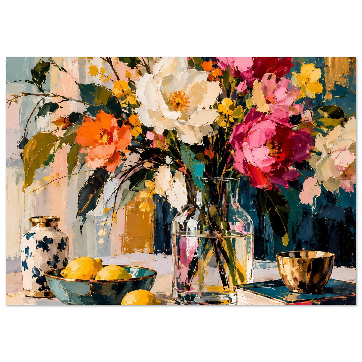 Blumenstillleben-Poster mit buntem Blumenstrauß, zwei Schalen und Vase im Zentrum