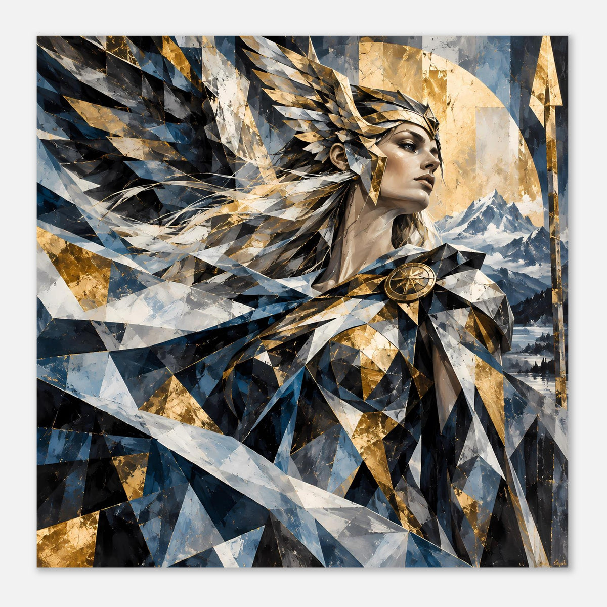 Geometrisches Poster im Querformat: Frauenprofil mit Federkranz, Blau, Gold und Schwarz