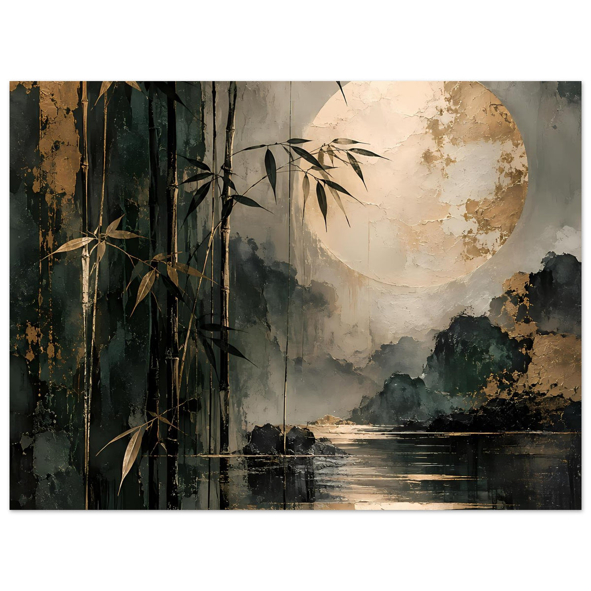 Naturposter (Nahansicht) mit Bambusstämmen, großem Vollmond und Wasserlinie