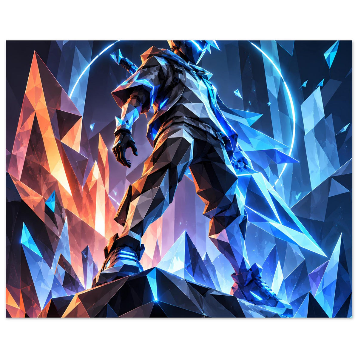 Premium-mattes Poster: futuristischer Krieger, schwarz mit blau-orange Neon, umgeben von Polygonen