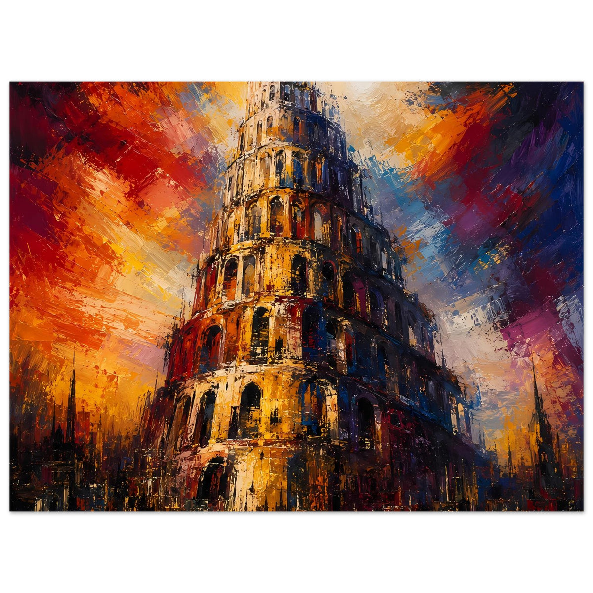 Wandposter Turm von Babel, abstrakte Farbflächen in Orange und Blau, horizontal