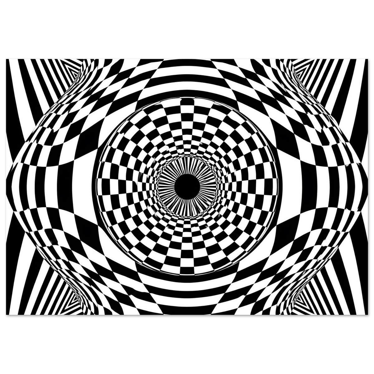 Horizontales Poster mit zentriertem Schachbrettkreis und stilisierten Optik-Zerrungen