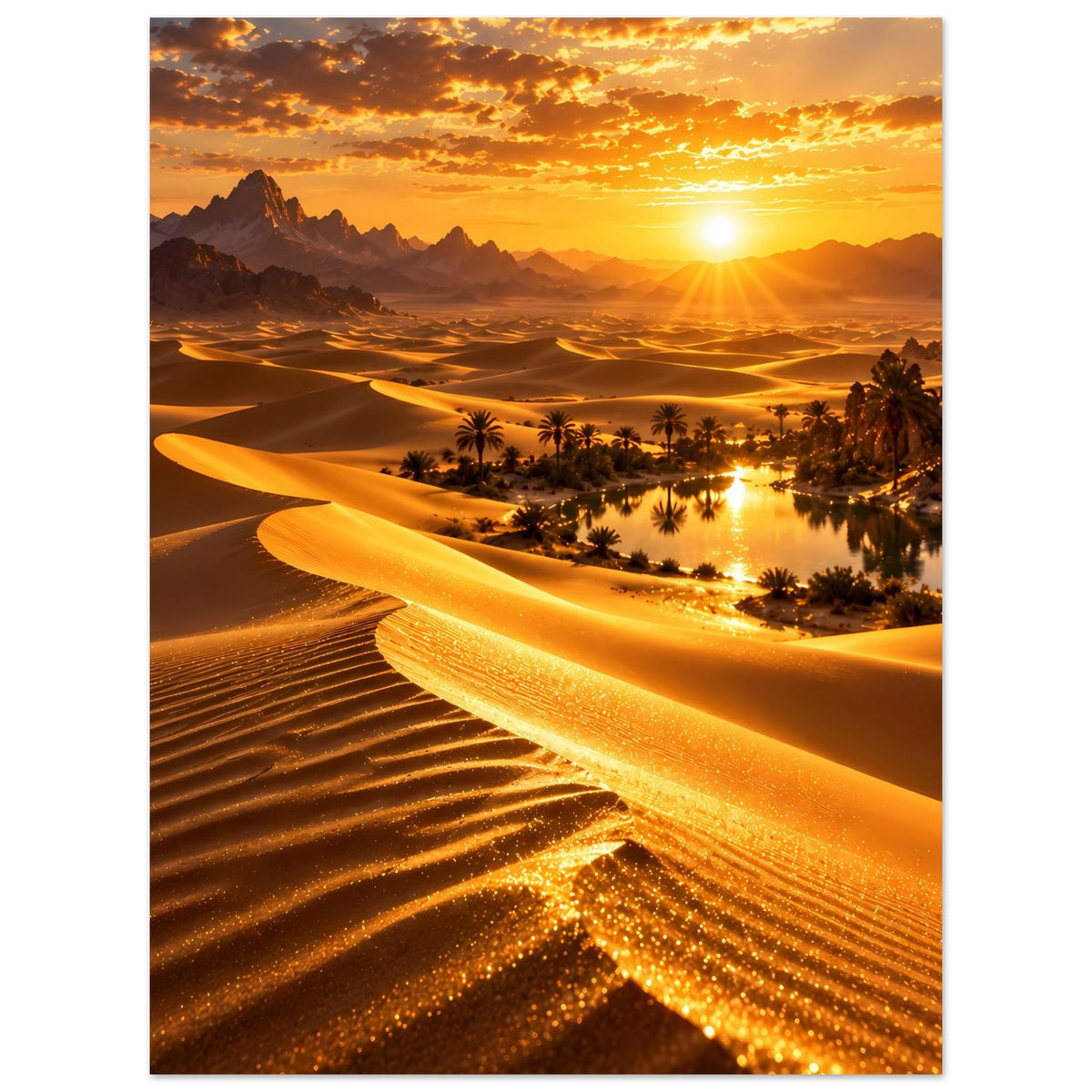 Wüstenlandschaft-Poster: Sanddünen, Oase mit Palmen und goldener Sonnenuntergang (Hochformat)