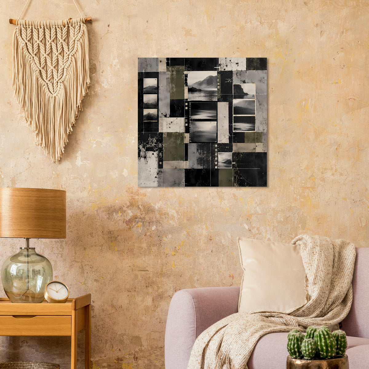 Abstraktes Landschafts-Poster mit geometrischem Schwarz-Grau-Layout und beigen Akzenten