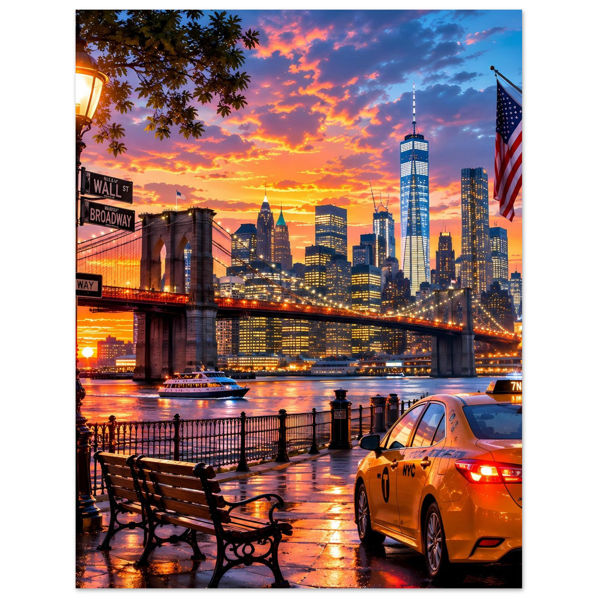 Poster mit Skyline bei Sonnenuntergang, gelber Taxi an der Uferpromenade