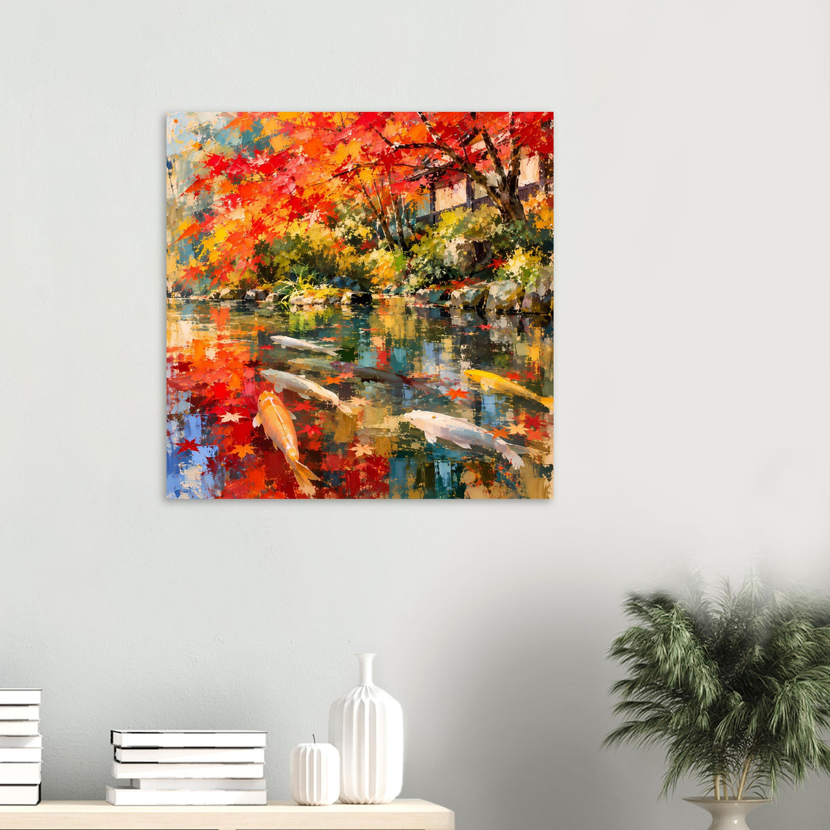 Poster mit Koi-Teich und buntem Herbstwald, Spiegelungen im Wasser, quadratisch
