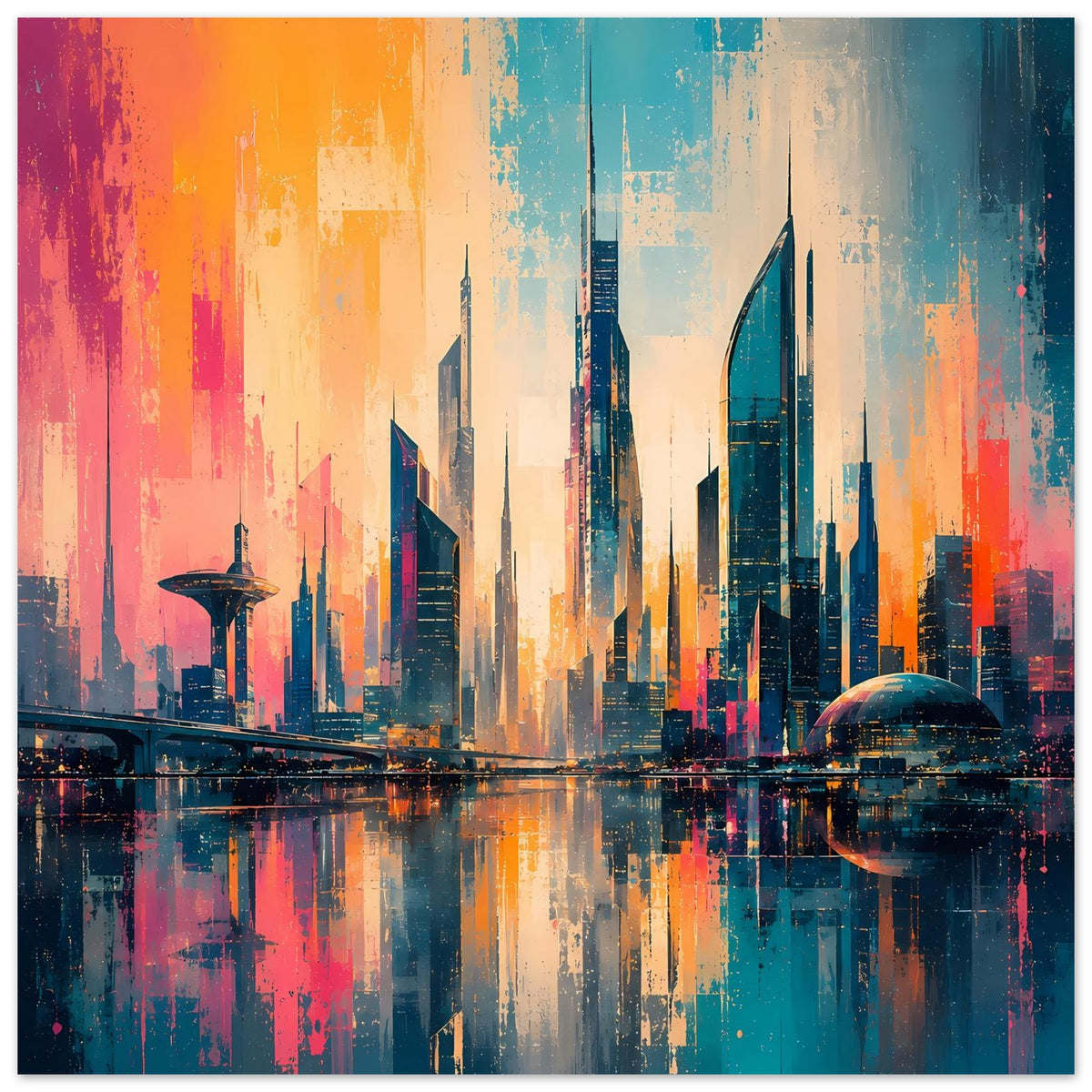 Stadtposter im Querformat: Skyline bei Sonnenuntergangsfarben mit Spiegelung und Kuppel