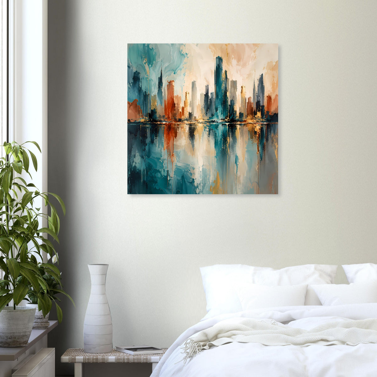 Abstraktes Skyline-Poster, Landschaftsformat, Blau-Gold-Rost mit Spiegelung
