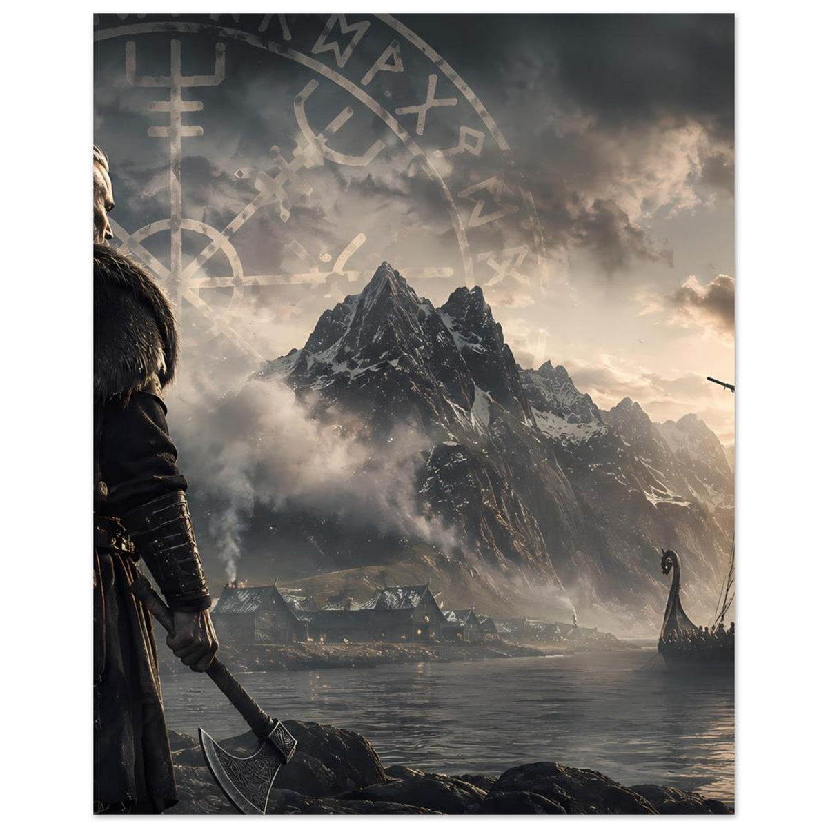 Vertikales Poster: Wikingerkrieger, Runenbogen oben, Berge und Langschiff im Fjord