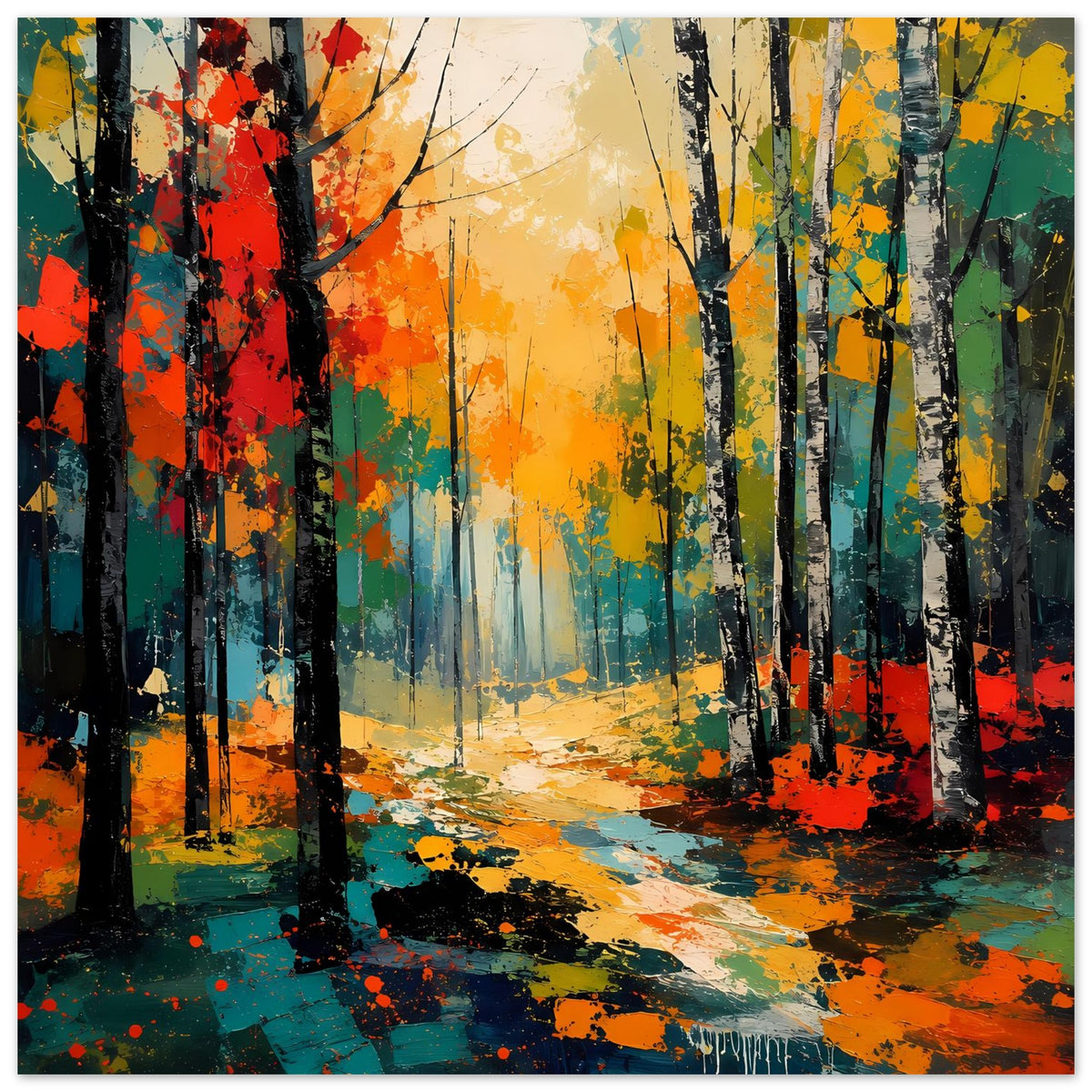 Herbstwald-Poster mit hohen Bäumen, nebligem Licht und farbigen Spritzern auf dem Pfad
