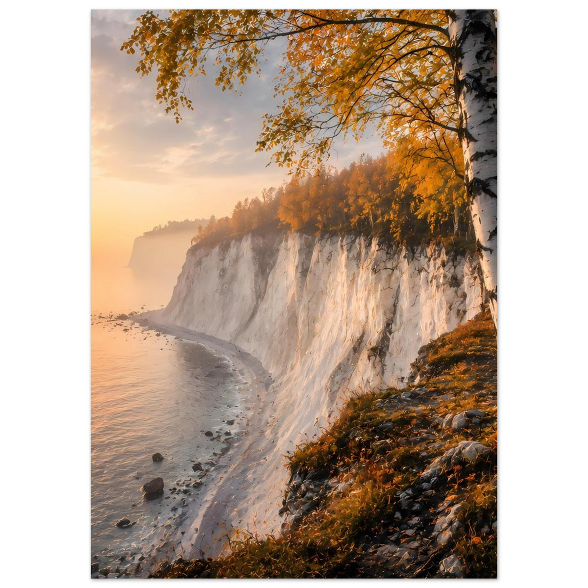 Vertikales Herbst-Poster mit Küstenklippe, Birkenzweigen, Felsstrand und warmem Himmel