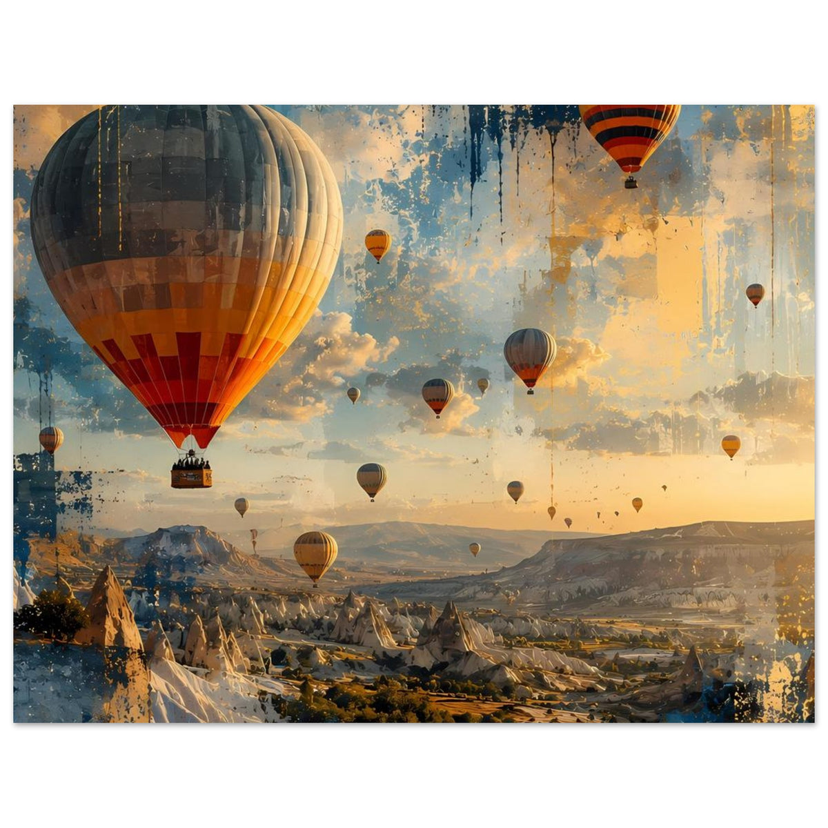 Landschaftsposter mit Heißluftballons: Ballon links, Landschaft mit Hügeln und mehreren Ballons