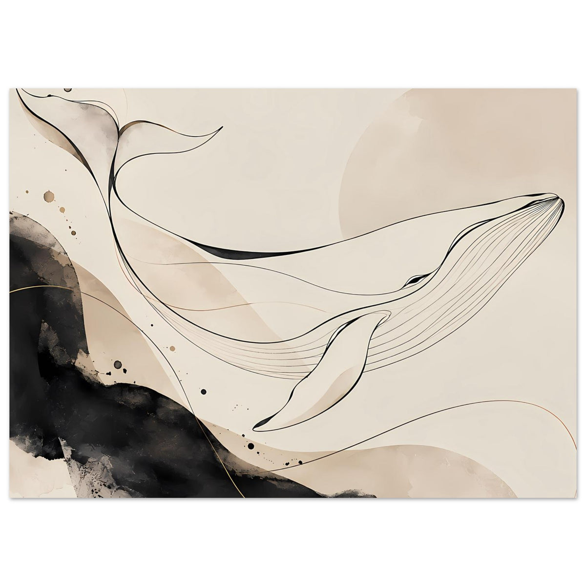 Abstraktes Wal-Poster mit Linien und schwarzen Aquarellakzenten, beiger Hintergrund