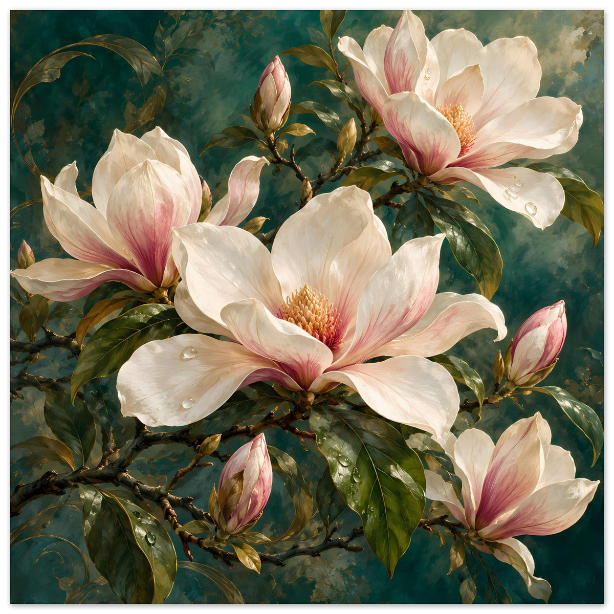 Magnolienposter in Creme und Rosa, mehrere Blüten verteilt auf grünen Zweigblättern.