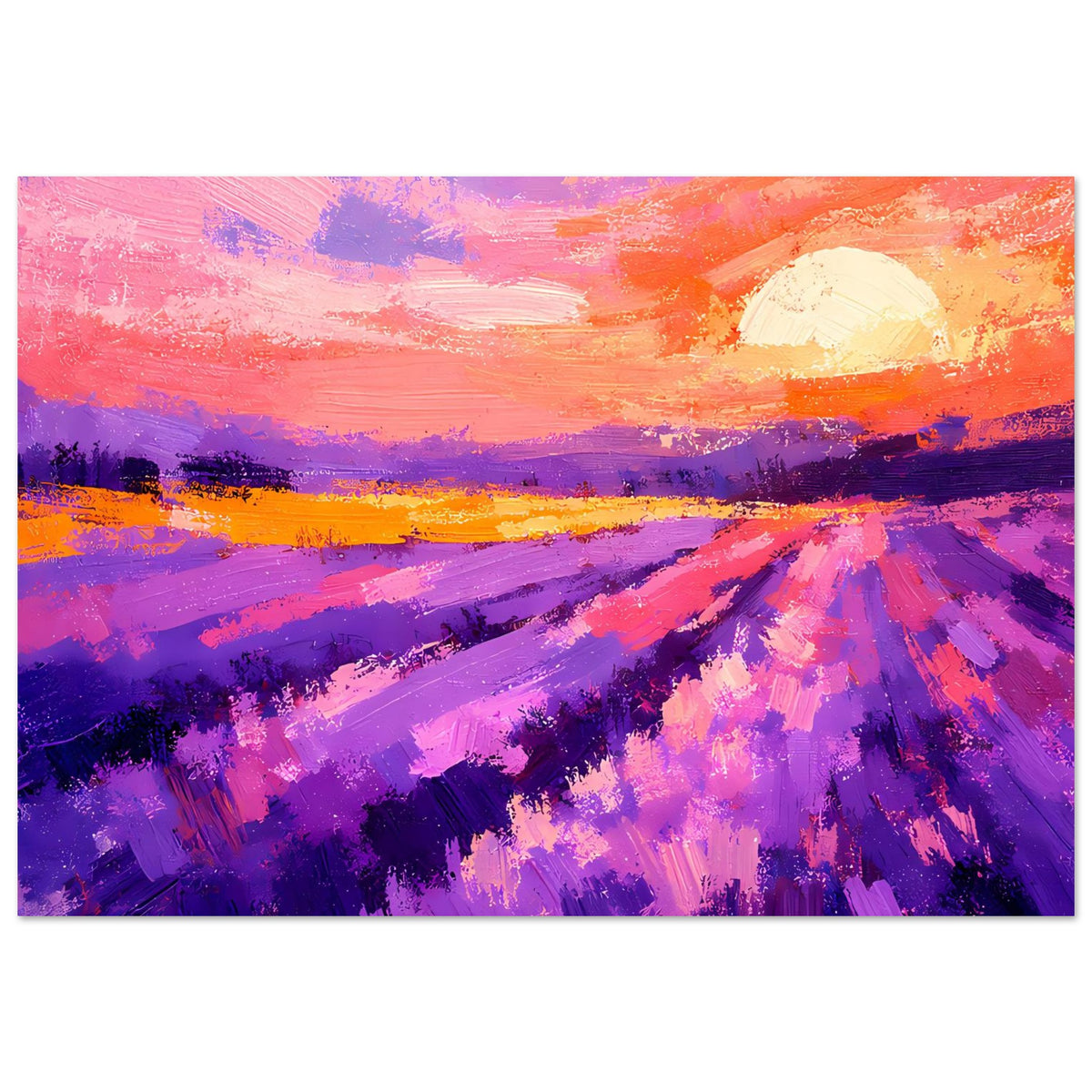 Horizontales Poster: violette Lavendelbahnen, orangefarbener Himmel und helle Sonnenscheibe