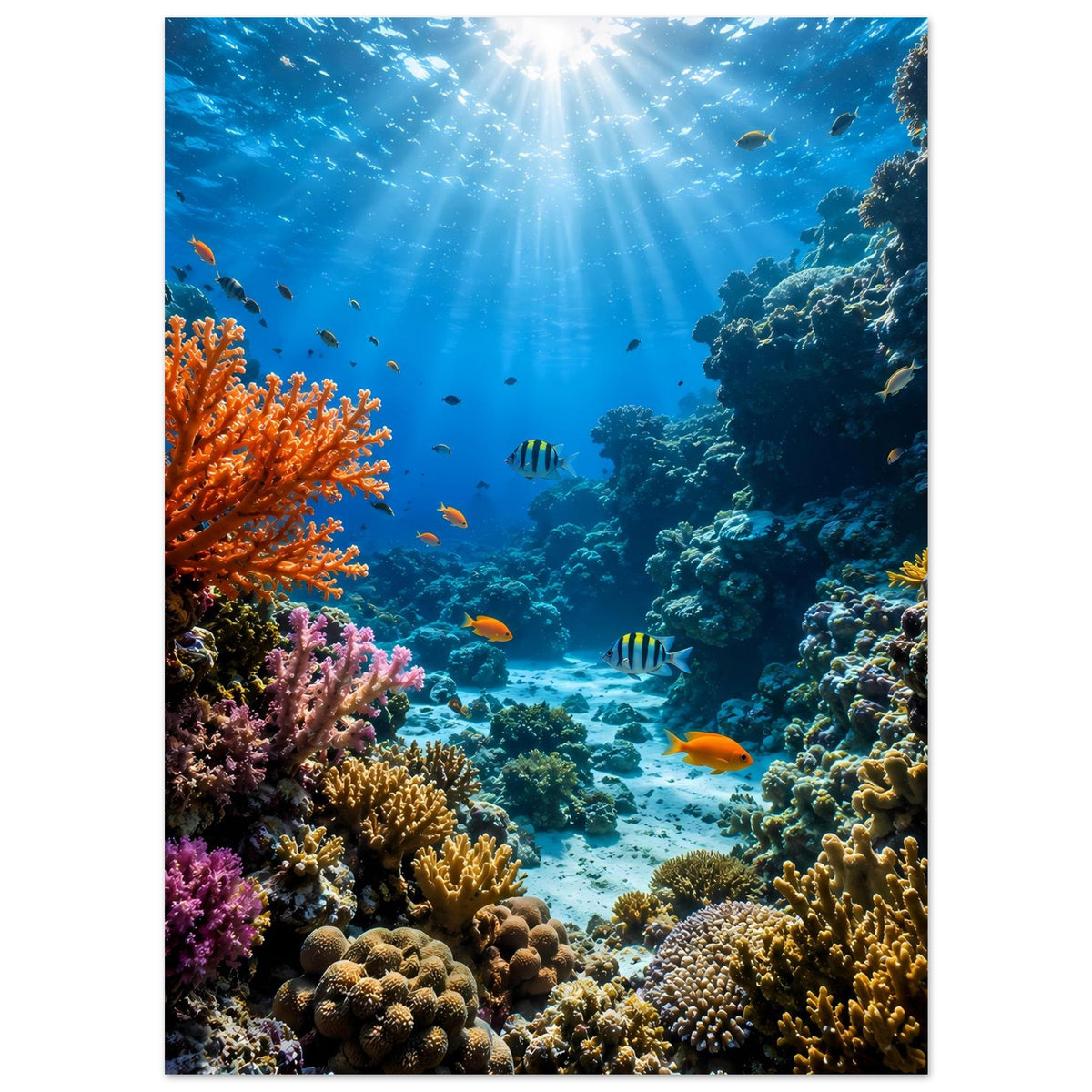 Unterwasser-Poster: Korallenriffe mit bunten Steinkorallen, Fischen und Sonnenlicht im Blau