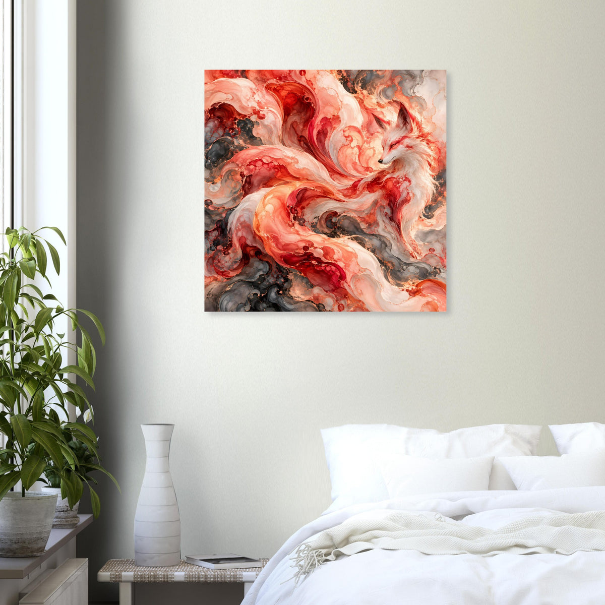 Kunstdruck im Wohnzimmer: abstraktes Fuchs-Motiv mit roten und orangefarbenen Wirbeln