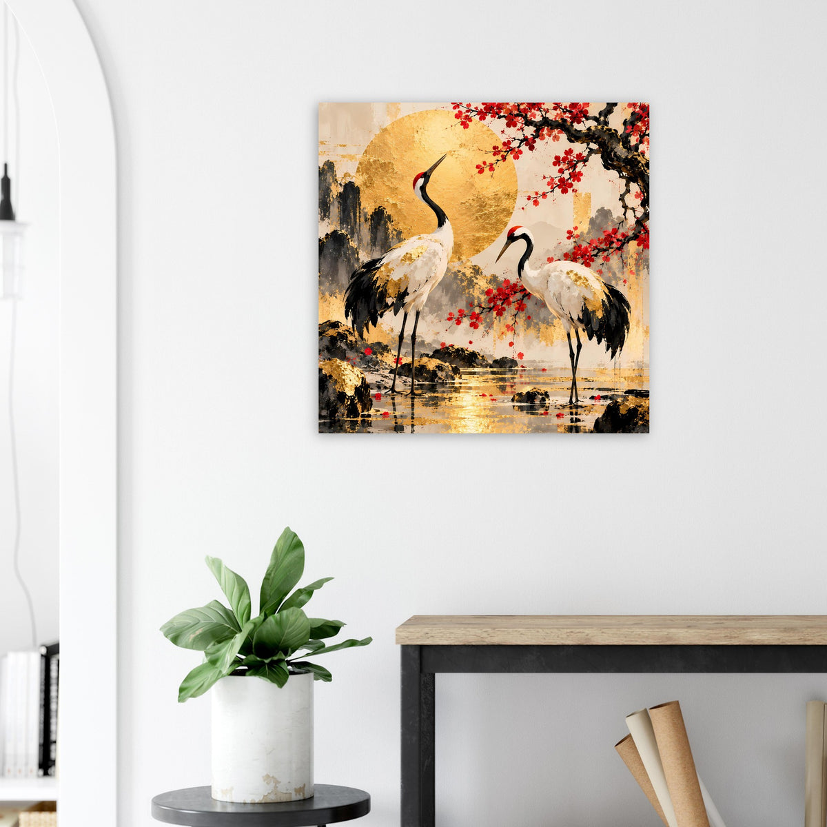 Quadratisches Poster mit Kranichen, Kirschblüten und goldenem Kreis