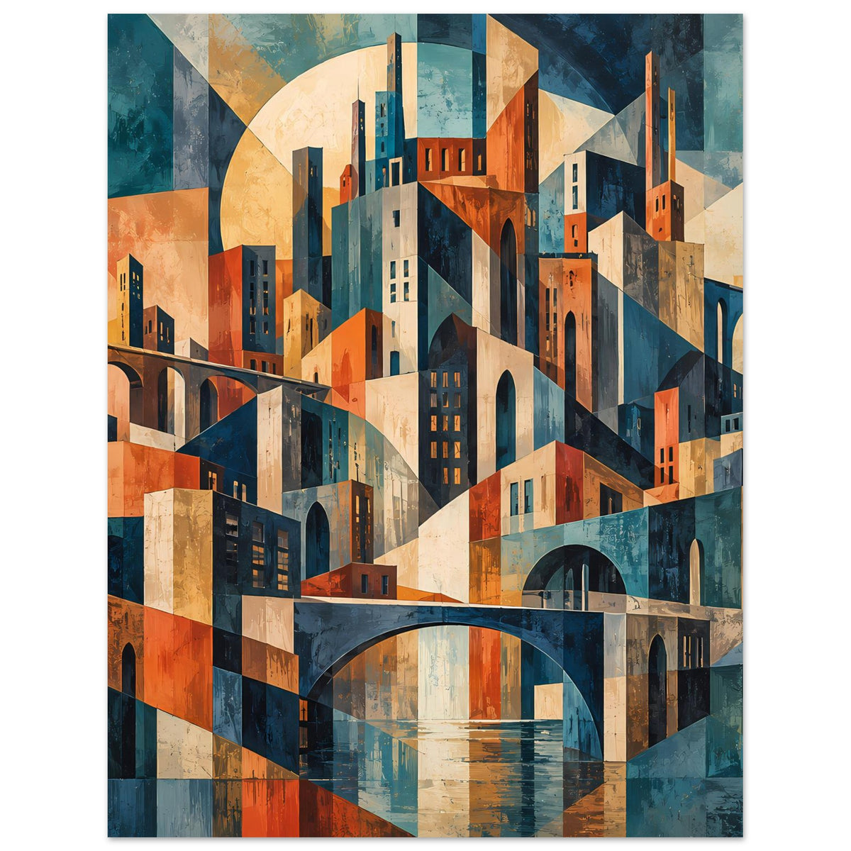 Vertikales Plakat: abstrakte Gebäude in Blau, Beige und Orange, große Brücke
