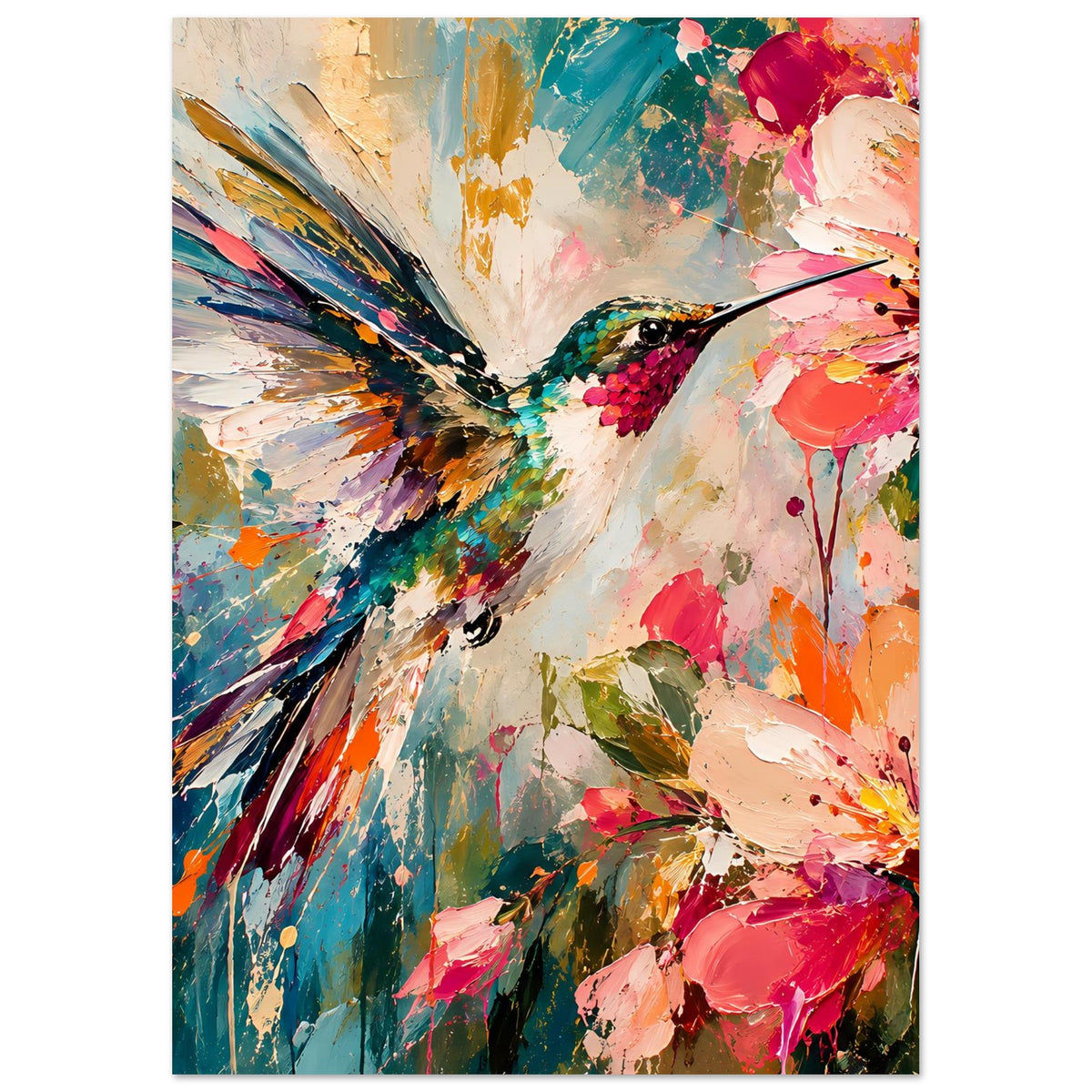 Kunstdruck-Poster im Hochformat: Kolibri zwischen Blüten, abstrakte Farbsprenkel