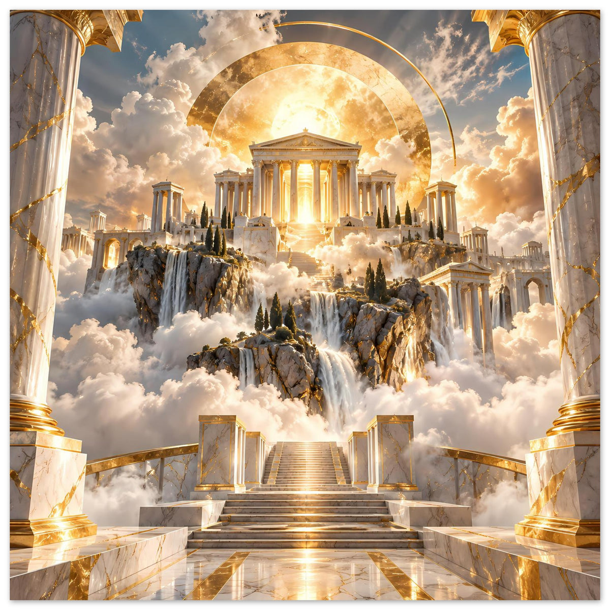 Poster mit goldenem Tempel unter rundem Lichtbogen, Wasserfall und Marmortreppe in Wolken