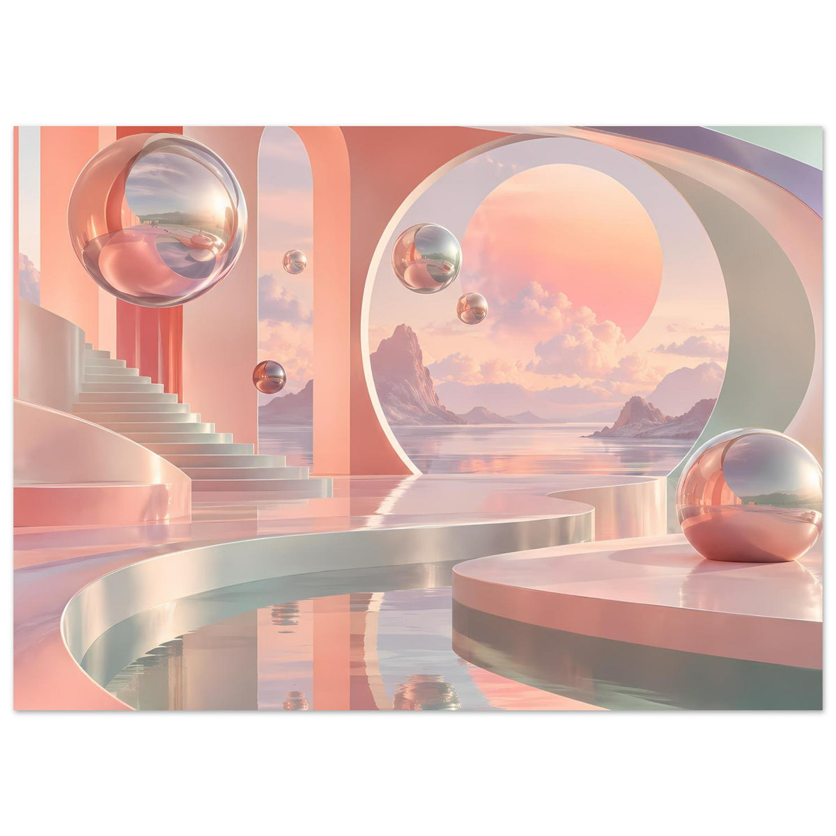 Querformat-Poster mit Pastell-Landschaft, großen Bögen, Terrassen und mehreren reflektierenden Glaskugeln