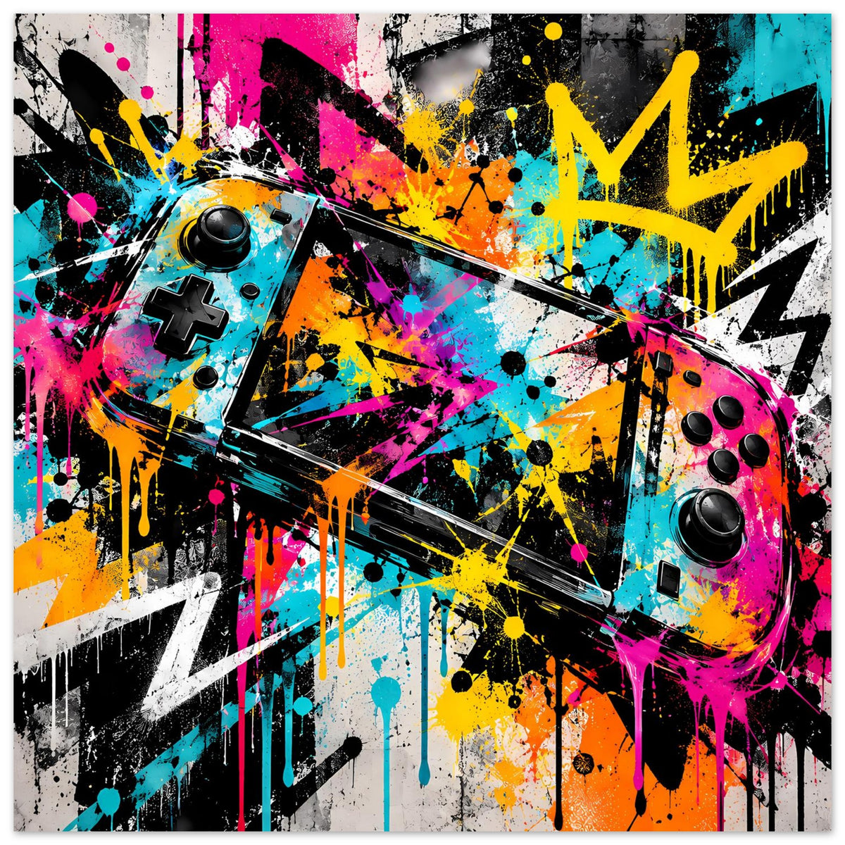 Gaming-Poster im Querformat mit farbigem Graffiti und Controller-Knöpfen, mattes Papier