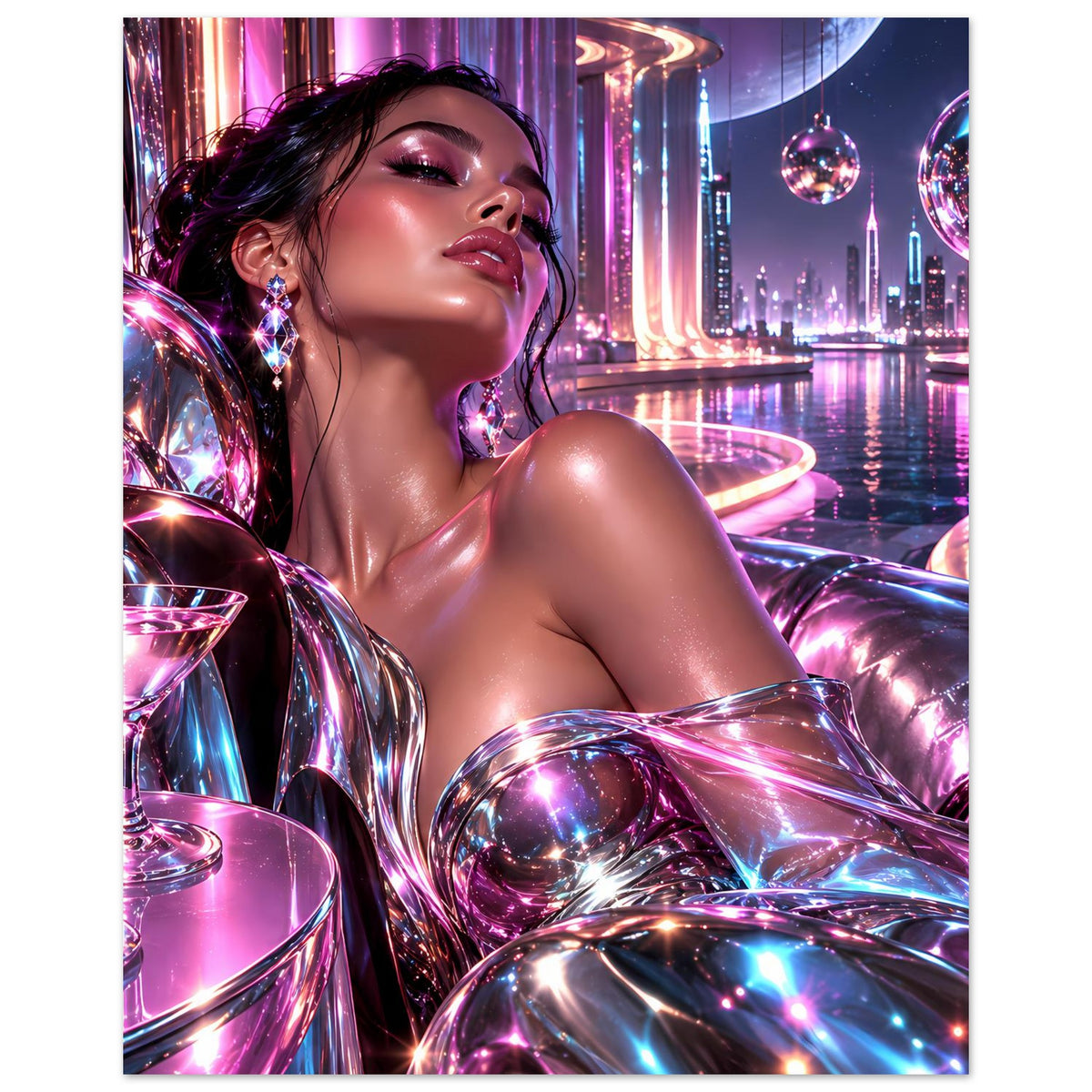 Neon-Glamour-Poster mit liegender Frau, leuchtenden Farben, schimmernde Kugeln rechts oben