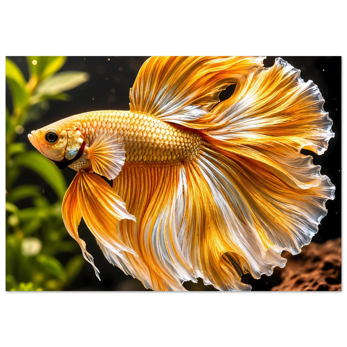 Poster mit goldenem Kampffisch, schimmernde Schuppen und orange-gelbe Flossen