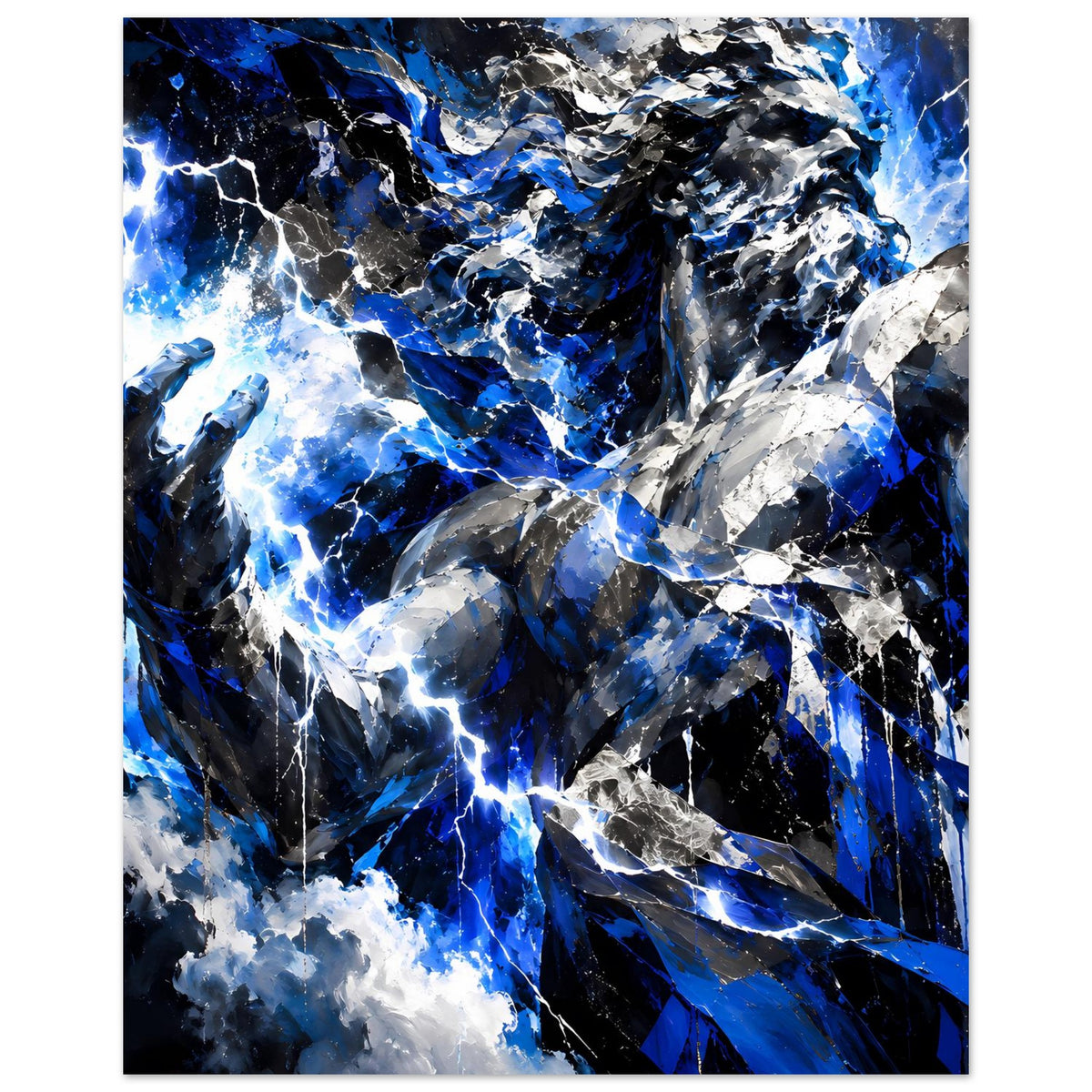 Vertikales Poster mit abstraktem Zeus-Blitz, blau-schwarze Farbflächen und weiße Lichtkanten.