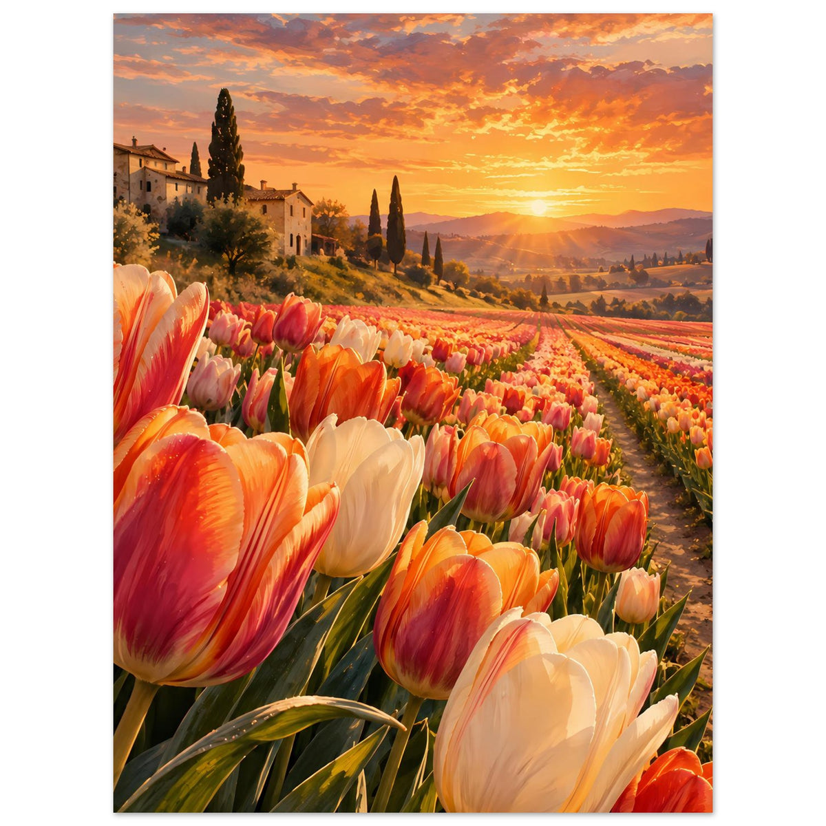 Hochformat-Blumenposter: Tulpenallee mit roten und weißen Blüten zur goldenen Abendsonne