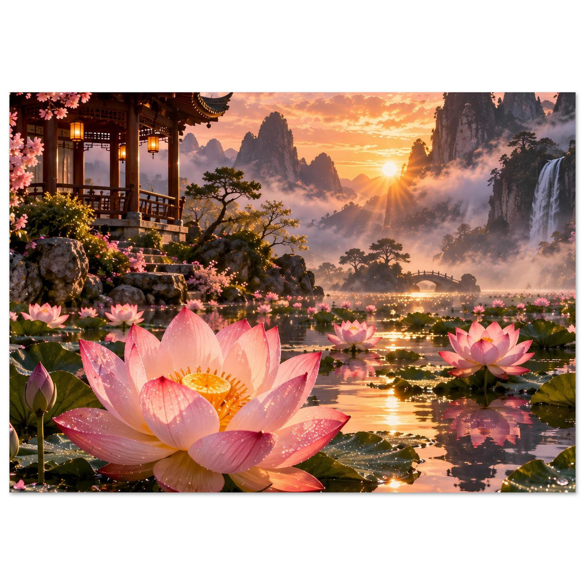 Querformat-Poster mit rosa Lotusblüten, Flusslandschaft mit Nebel und Sonnenuntergangslicht