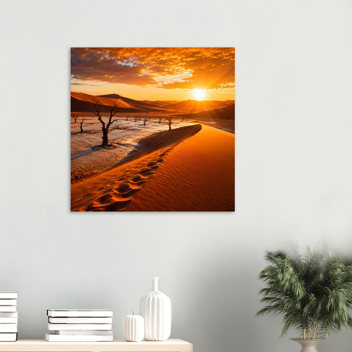 Wüstenlandschafts-Poster mit Sonnenuntergang, Dünenpfad, Baum-Silhouetten und warmen Orange-Tönen