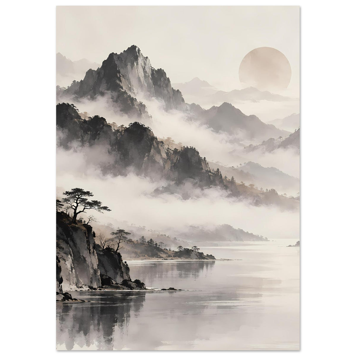 Minimalistisches Schwarz-Weiß-Poster: Berggipfel im Nebel, Fluss/See mit ruhigem Spiegelbild, Hochformat