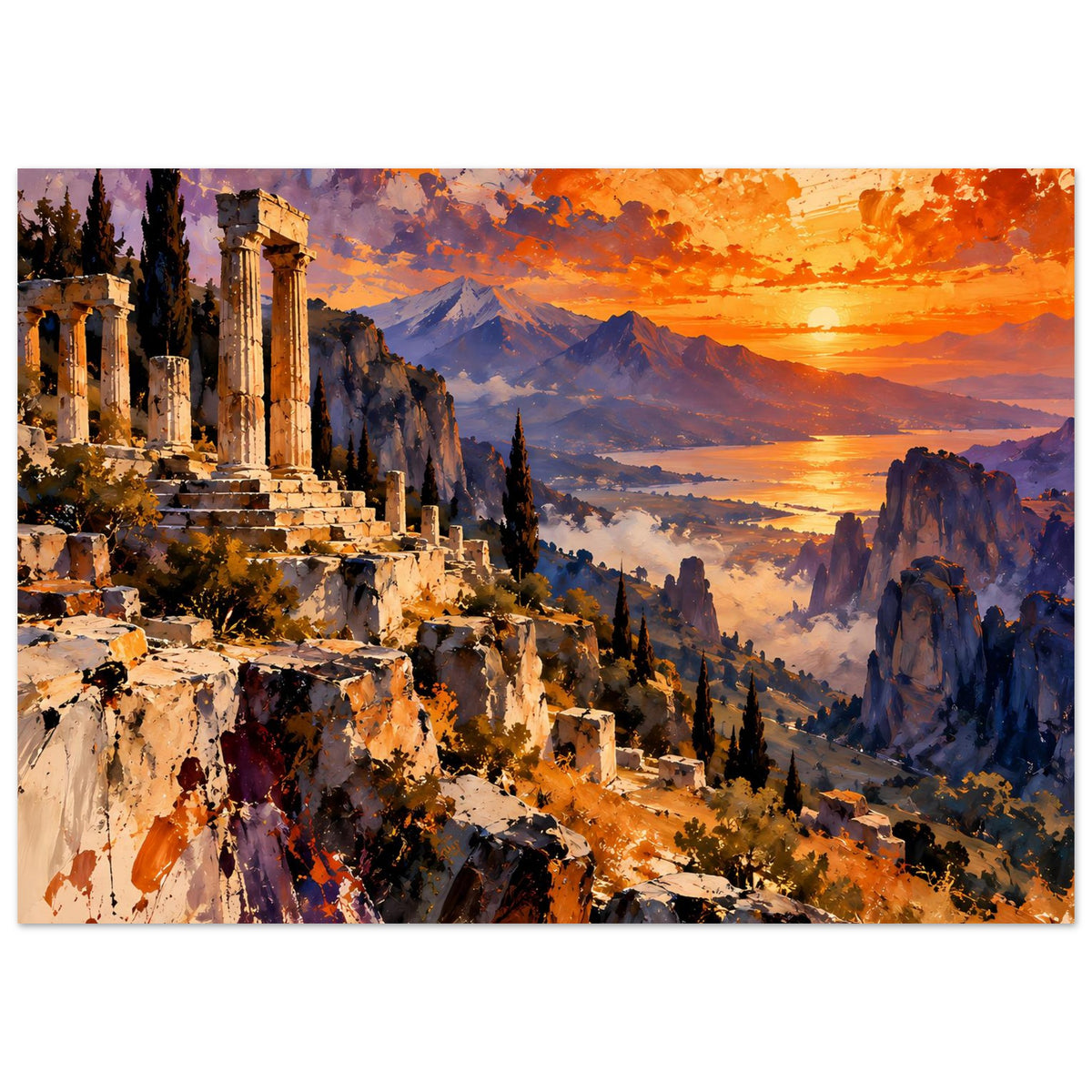 Horizontales Poster: Säulenruinen links, Schluchten und Dunst über den Bergen im Sonnenlicht.