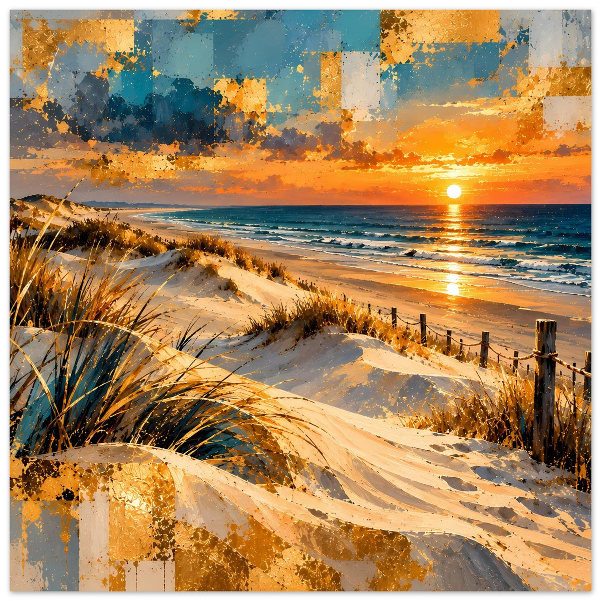 Sonnenuntergangs-Strandposter: leuchtender Sonnenball, glitzernde Wellen, Dünen und Strandgras