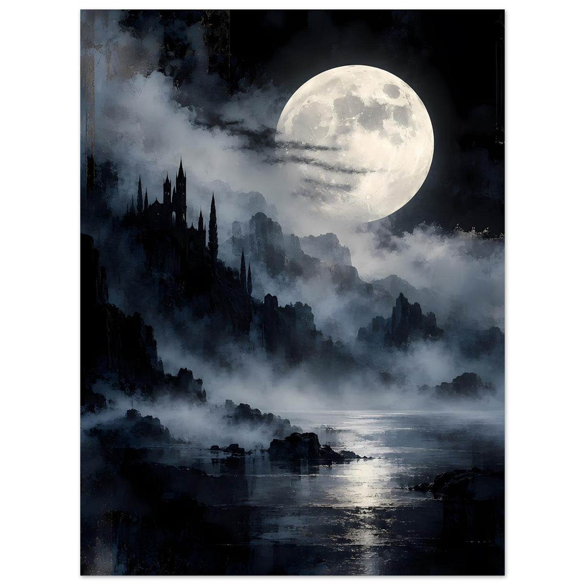 Fantasy-Landschaftsposter im Hochformat mit Vollmond, Nebel über See und dunkler Festung