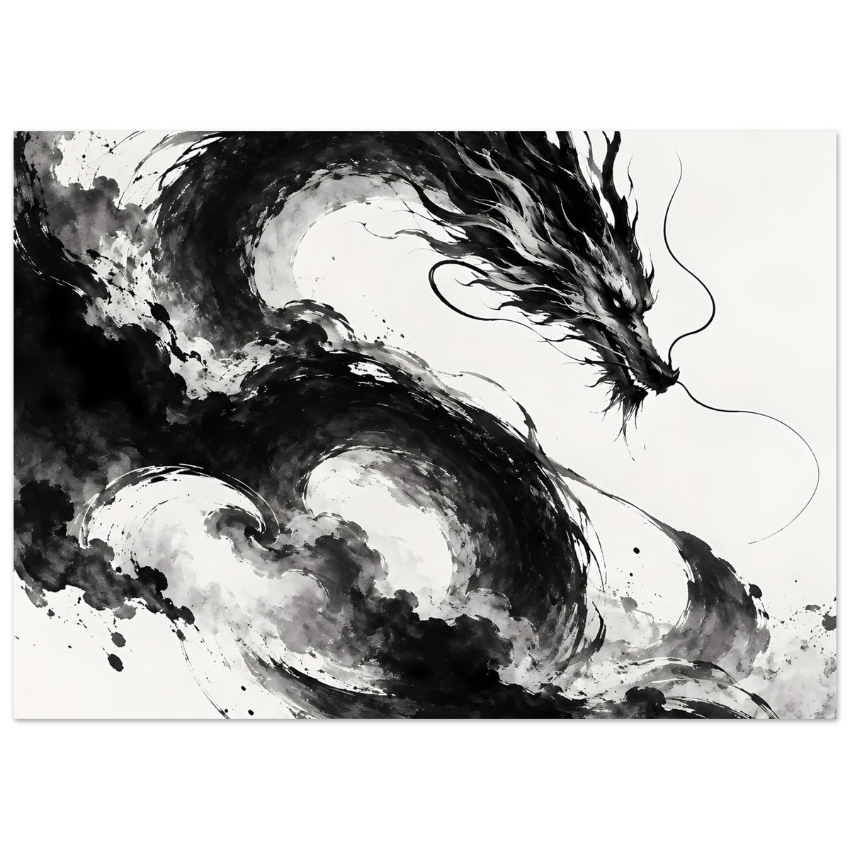 Drachenkunst-Poster Schwarzweiß mit fliegendem Drachen, Fokus auf Flügel und Schwanz, horizontal
